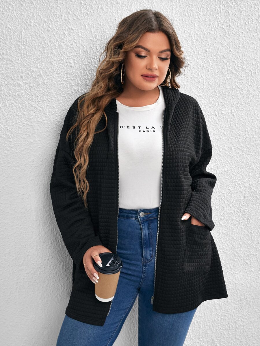 SHEIN LUNE Plus Zip Up Drop Shoulder Hooded Coat - Black - View 1