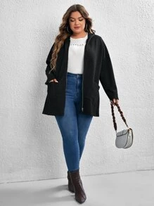 SHEIN LUNE Plus Zip Up Drop Shoulder Hooded Coat - Black - View 4