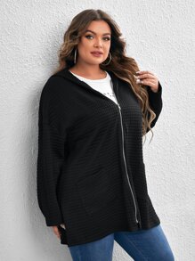 SHEIN LUNE Plus Zip Up Drop Shoulder Hooded Coat - Black - View 5