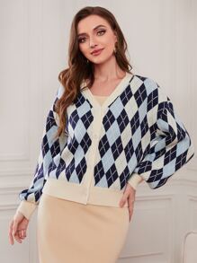 Mulvari Argyle Pattern Drop Shoulder Cardigan - Multicolor - View 1