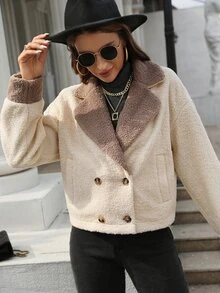 Lapel Neck Double Breasted Drop Shoulder Jacket - Apricot - View 3