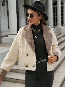 Lapel Neck Double Breasted Drop Shoulder Jacket - Apricot - View 4