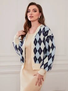 Mulvari Argyle Pattern Drop Shoulder Cardigan - Multicolor - View 5