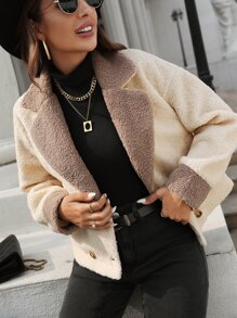 Lapel Neck Double Breasted Drop Shoulder Jacket - Apricot - View 5