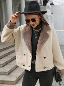 Lapel Neck Double Breasted Drop Shoulder Jacket - Apricot - View 6