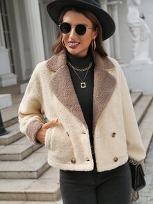 Lapel Neck Double Breasted Drop Shoulder Jacket - Apricot - View 7