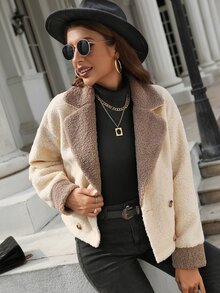 Lapel Neck Double Breasted Drop Shoulder Jacket - Apricot - View 8