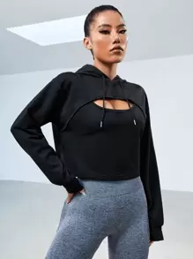 Áo nỉ thể thao cổ chữ V, vai rớt, có dây rút - màu đen - Xem 1