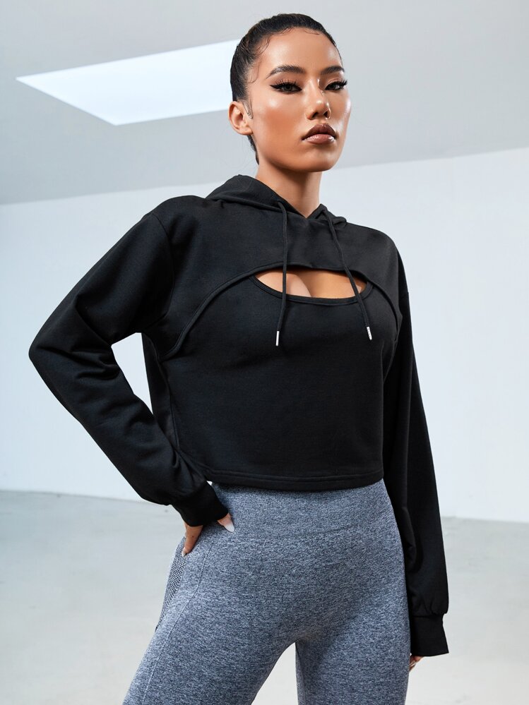 露肩抽绳运动卫衣 - 黑色 - 查看 1