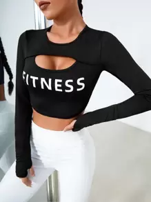 SHEIN Daily&Casual Ribbed Knit Crop Sports Top Workout Tank Top - Black - View 3