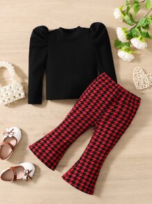 SHEIN Baby Gigot Sleeve Tee & Houndstooth Print Flare Leg Pants - Multicolor - View 1