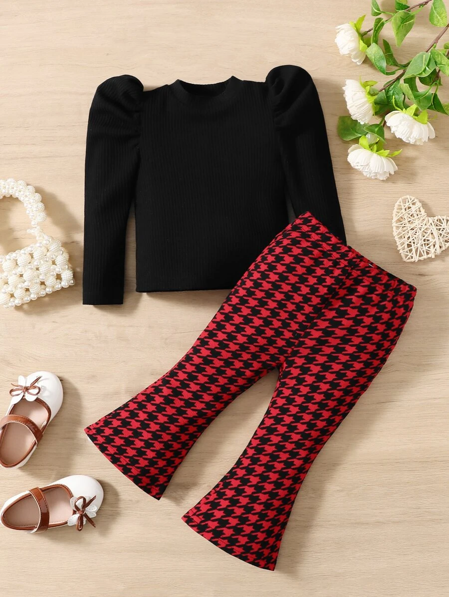 SHEIN Baby Gigot Sleeve Tee & Houndstooth Print Flare Leg Pants - Multicolor - View 1