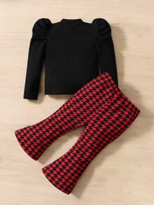 SHEIN Baby Gigot Sleeve Tee & Houndstooth Print Flare Leg Pants - Multicolor - View 2