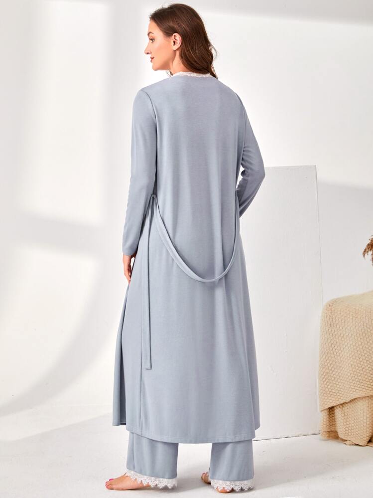 SHEIN Unity 1pc Contrast Lace Belted Robe Without Sleep Jumpsuit - Dusty Blue - View 3