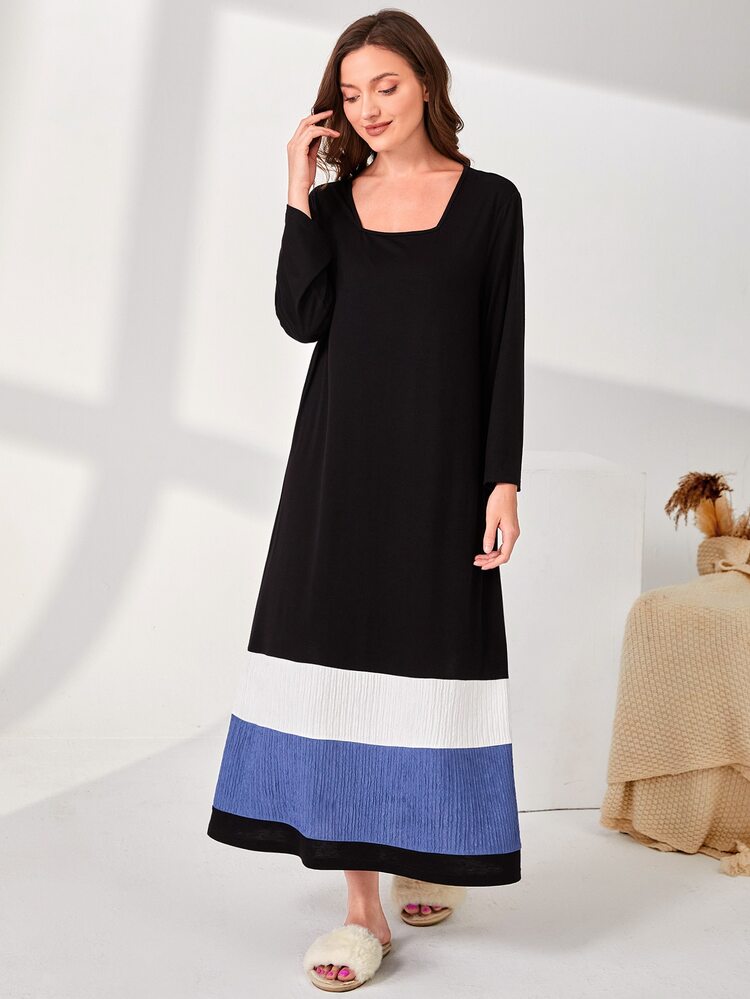 SHEIN Unity 方領撞色睡裙 - 黑色 - 查看 5