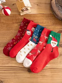 5pairs Christmas Elk Pattern Crew Socks - Multicolor - View 1