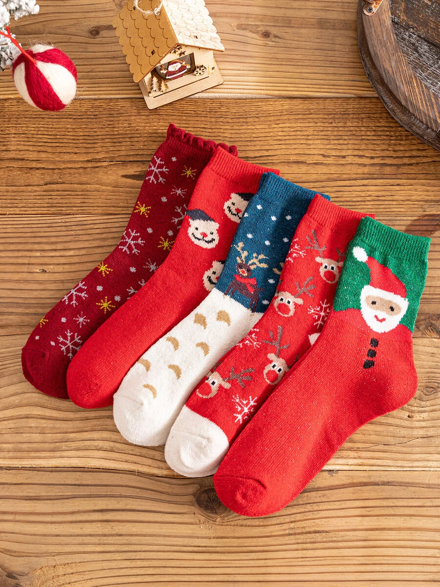 5pairs Christmas Elk Pattern Crew Socks - Multicolor - View 1