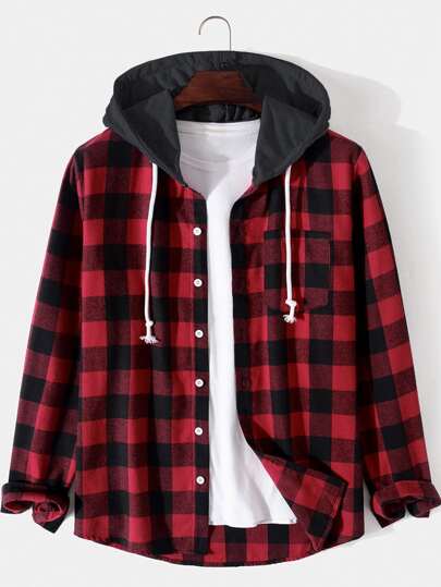 Camisa de cuadros para hombre con capucha y cordón sin camiseta, camisa de manga larga holgada con botones y bloque de color rojo oscuro