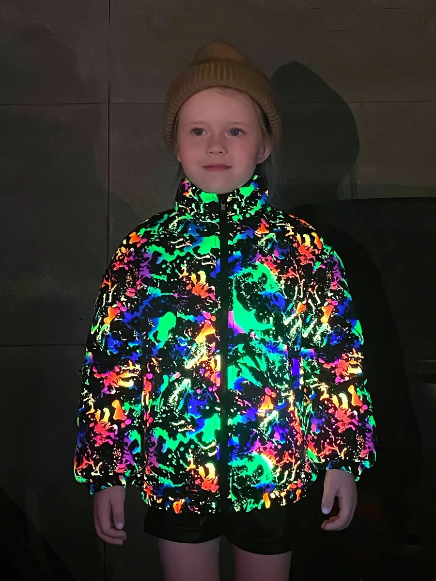 SHEIN Toddler Young Girl Reflective Splash Ink Print Padded Coat - Multicolor - View 1