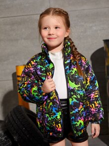 SHEIN Toddler Young Girl Reflective Splash Ink Print Padded Coat - Multicolor - View 3