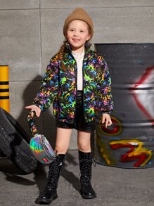 SHEIN Toddler Young Girl Reflective Splash Ink Print Padded Coat - Multicolor - View 4