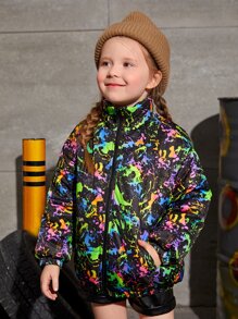 SHEIN Toddler Young Girl Reflective Splash Ink Print Padded Coat - Multicolor - View 5