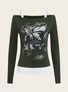 ROMWE Butterfly Graphic Cold Shoulder Tee - Dark Green - View 1