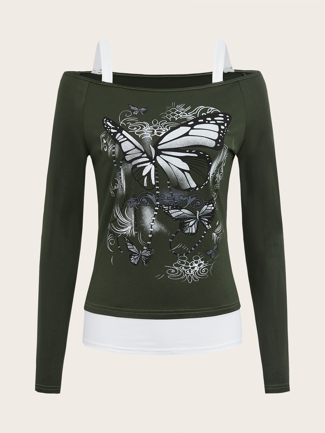 ROMWE Butterfly Graphic Cold Shoulder Tee - Dark Green - View 1