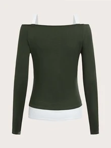 ROMWE Butterfly Graphic Cold Shoulder Tee - Dark Green - View 2