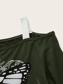 ROMWE Butterfly Graphic Cold Shoulder Tee - Dark Green - View 3