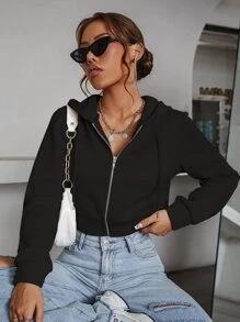 StreetHx 拉链抽绳短款连帽衫，长袖上衣 - 黑色 - 查看 4