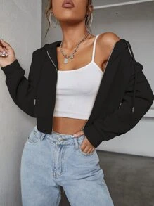 StreetHx 拉链抽绳短款连帽衫，长袖上衣 - 黑色 - 查看 5