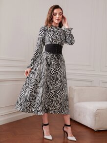 Modelyn Zebra Striped Flounce Sleeve Dress With Lace Up Corset - Black and White - View 1