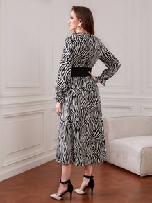 Modelyn Zebra Striped Flounce Sleeve Dress With Lace Up Corset - Black and White - View 2