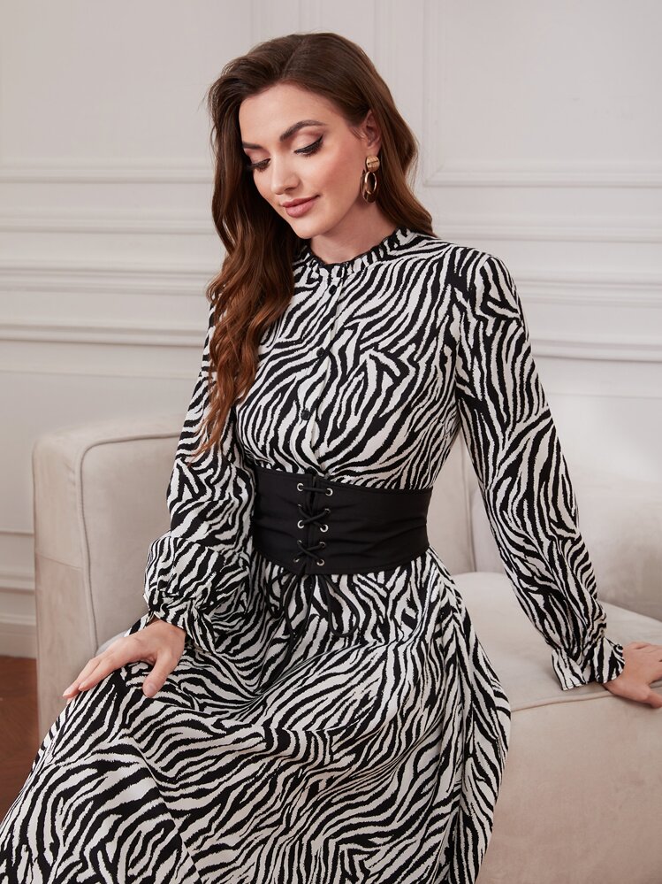 Modelyn Zebra Striped Flounce Sleeve Dress With Lace Up Corset - Black and White - View 3