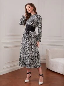 Modelyn Zebra Striped Flounce Sleeve Dress With Lace Up Corset - Black and White - View 4