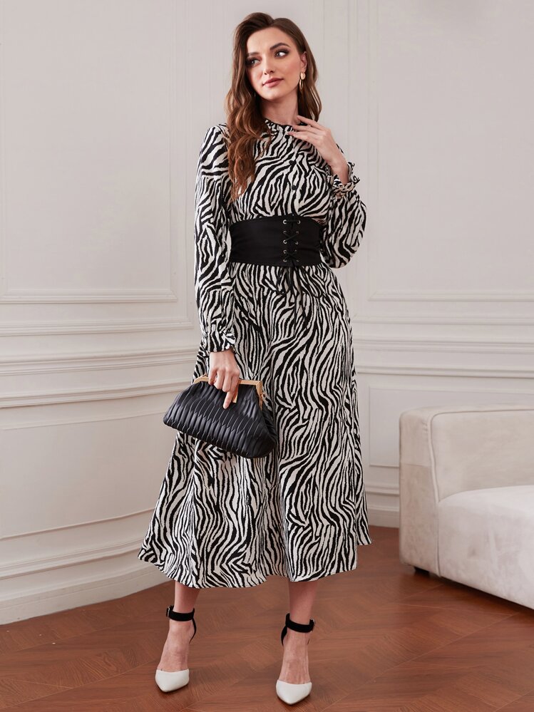 Modelyn Zebra Striped Flounce Sleeve Dress With Lace Up Corset - Black and White - View 5