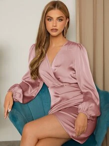 SHEIN Belle Surplice Neck Lantern Sleeve Wrap Dress - Dusty Pink - View 6