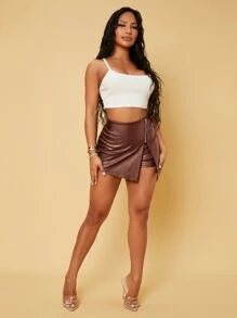 SHEIN SXY Quần đùi nữ Bất đối xứng Chia Dây kéo màu trơn Hấp dẫn - Cà phê nâu - Xem 5