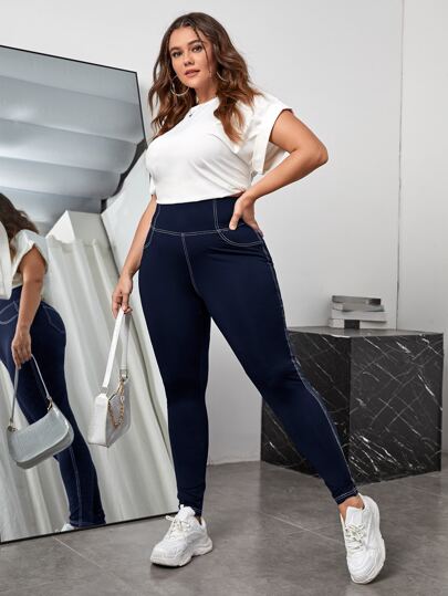 SHEIN EZwear Plus High Waist Top-stitching Leggings