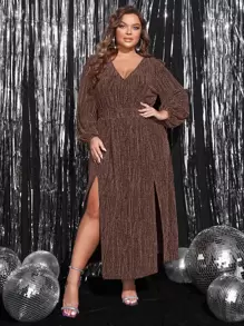 SHEIN Belle 大碼燈籠袖高衩亮片連衣裙 - 咖啡棕 - 查看 1