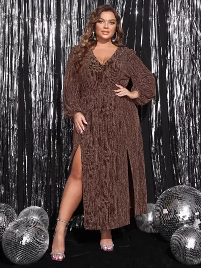 SHEIN Belle 大碼燈籠袖高衩亮片連衣裙