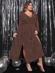 SHEIN Belle 大碼燈籠袖高衩亮片連衣裙 - 咖啡棕 - 查看 4