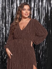 SHEIN Belle 大碼燈籠袖高衩亮片連衣裙 - 咖啡棕 - 查看 5