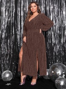 SHEIN Belle 大碼燈籠袖高衩亮片連衣裙 - 咖啡棕 - 查看 6