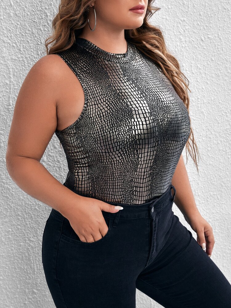 SHEIN SXY Plus Crocodile Embossed Tank Bodysuit - Silver - View 3