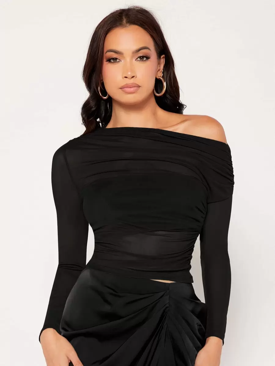 SHEIN Privé Top de cuello asimétrico fruncido de malla