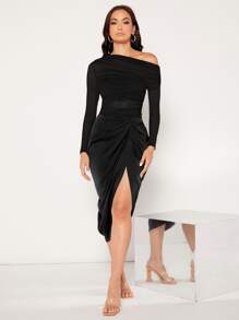 SHEIN Privé Top de cuello asimétrico fruncido de malla