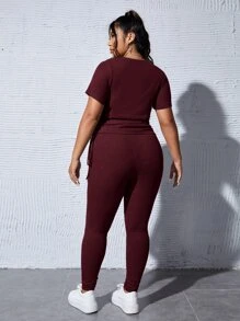 SHEIN Essnce 大碼抽繩T恤和緊身褲 - 紫紅色 - 查看 2