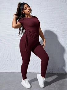 SHEIN Essnce 大碼抽繩T恤和緊身褲 - 紫紅色 - 查看 3